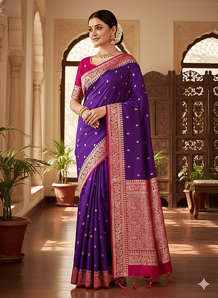 Purple colour banarasi sarees with red blouse