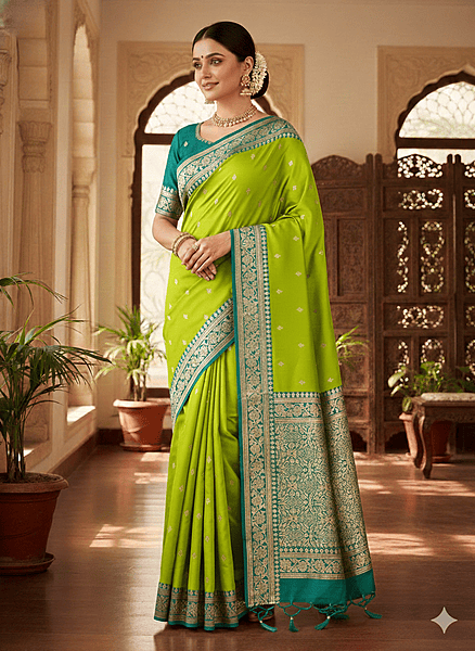 Lemon green banarasi saree with small white dots