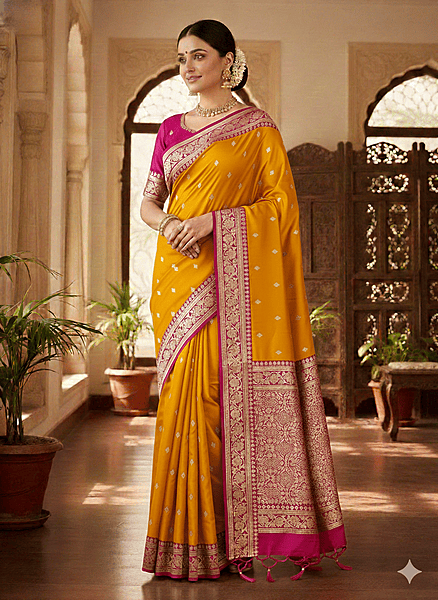 Yellow Banarasi saree with small white dot