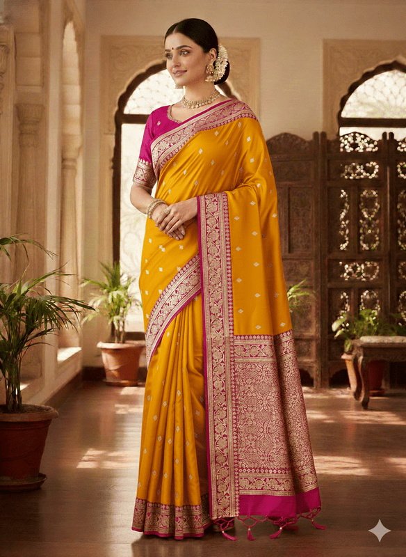 Yellow Banarasi saree with small white dot