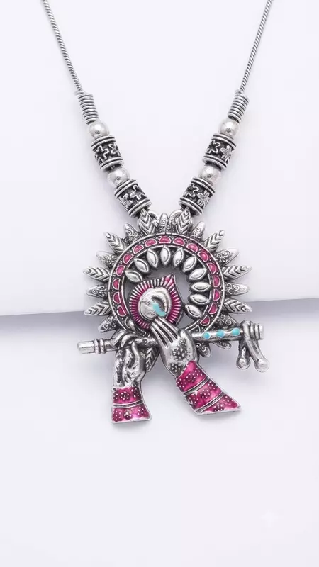 Oxidized Silver Krishna Flute Pendant Necklace with Pink Enamel