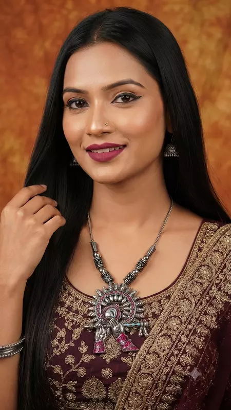 Oxidized Silver Krishna Flute Pendant Necklace with Pink Enamel