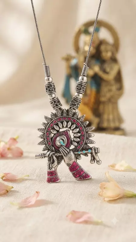Oxidized Silver Krishna Flute Pendant Necklace with Pink Enamel