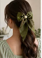 Textured Fabric Hair Bow with Faux Pearl Floral Centre and Long Tails