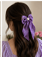 Textured Fabric Hair Bow with Faux Pearl Floral Centre and Long Tails