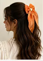 Textured Fabric Hair Bow with Faux Pearl Floral Centre and Long Tails