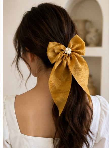 Textured Fabric Hair Bow with Faux Pearl Floral Centre and Long Tails