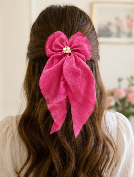 Textured Fabric Hair Bow with Faux Pearl Floral Centre and Long Tails