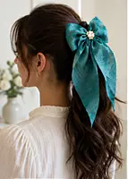 Textured Fabric Hair Bow with Faux Pearl Floral Centre and Long Tails