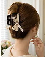 Embellished Bow Hair Claw Clip with Faux Pearl Brooch