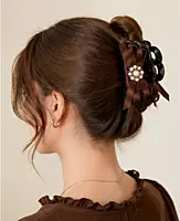 Embellished Bow Hair Claw Clip with Faux Pearl Brooch