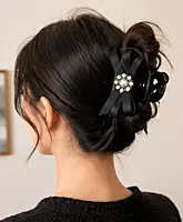 Embellished Bow Hair Claw Clip with Faux Pearl Brooch