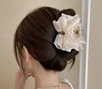 Oversized Organza Flower Hair Claw Clip with Crystal Accent