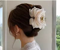 Oversized Organza Flower Hair Claw Clip with Crystal Accent