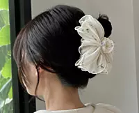 Oversized Floral Bow Hair Claw Clip with Rhinestone Centre