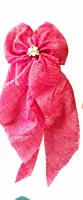 Textured Fabric Hair Bow with Faux Pearl Floral Centre and Long Tails