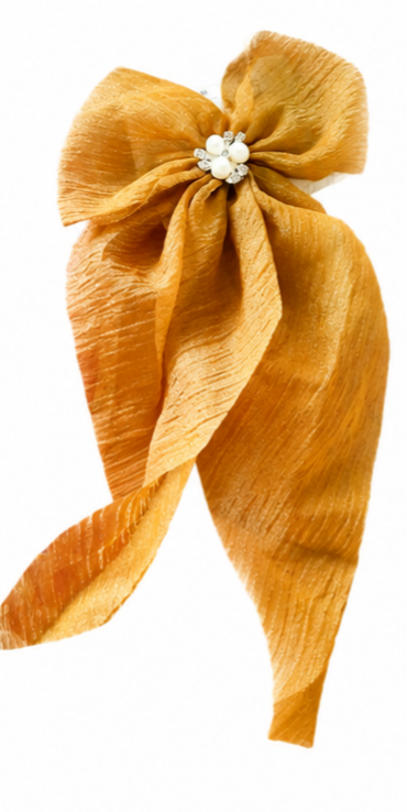 Textured Fabric Hair Bow with Faux Pearl Floral Centre and Long Tails