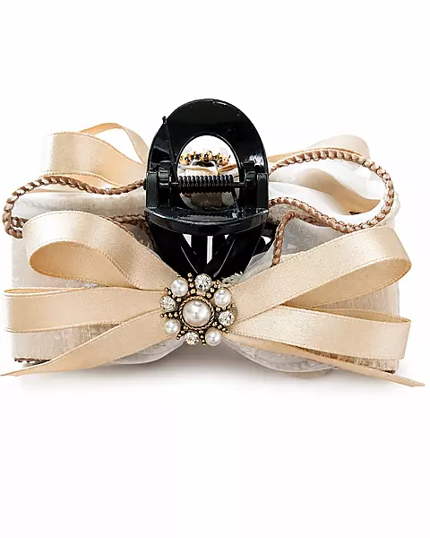 Embellished Bow Hair Claw Clip with Faux Pearl Brooch
