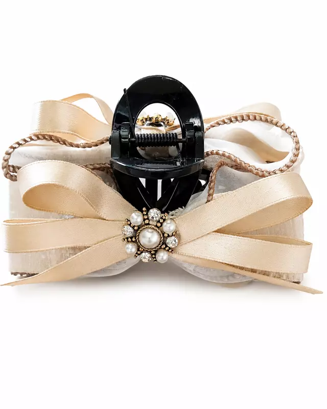 Embellished Bow Hair Claw Clip with Faux Pearl Brooch