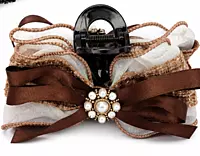 Embellished Bow Hair Claw Clip with Faux Pearl Brooch