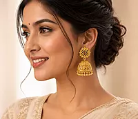 Gold-Tone Floral Jhumka Earrings with Red Centre Stone and Beaded Drops