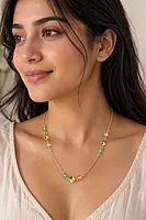 Gold-Tone Beaded Chain Necklace with Pastel Green and Pink Stones