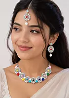 Multicolour Floral Necklace Set with Matching Pearl