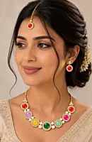Multicolour Gemstone Necklace Set with Matching Earrings and Maang Tikka