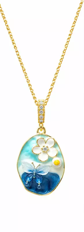 Blue and Aqua Floral Pendant Necklace with Gold-Tone Chain