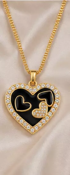 Gold-Tone Black Heart Pendant Necklace with Crystal Border