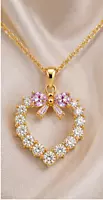 Gold-Tone Crystal Heart Pendant Necklace with Pink Bow Detail
