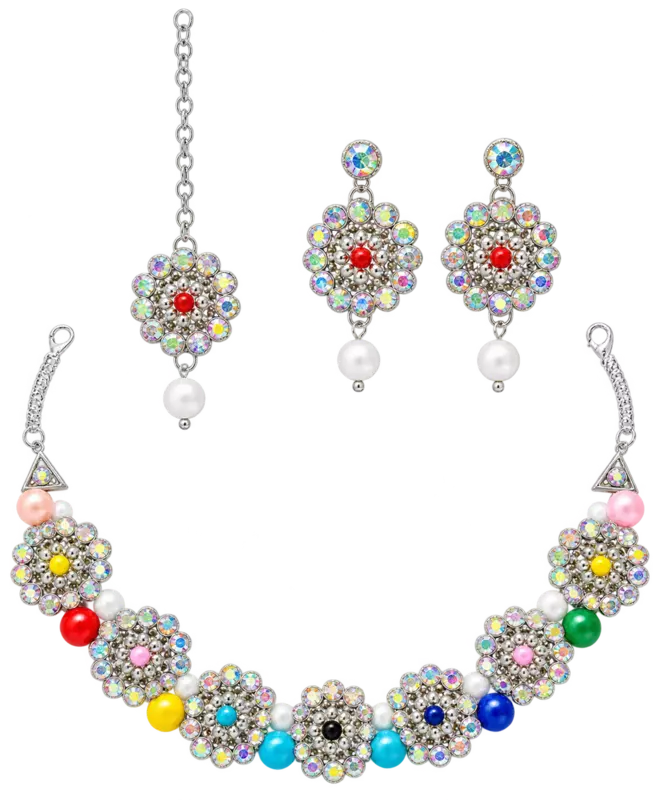 Multicolour Floral Necklace Set with Matching Pearl