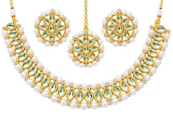 Green Marquise Stone Necklace Set with Matching Earrings and Maang Tikka
