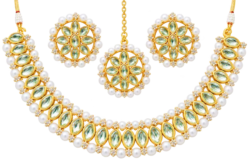 Green Marquise Stone Necklace Set with Matching Earrings and Maang Tikka
