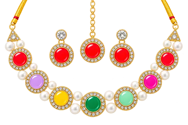 Multicolour Gemstone Necklace Set with Matching Earrings and Maang Tikka