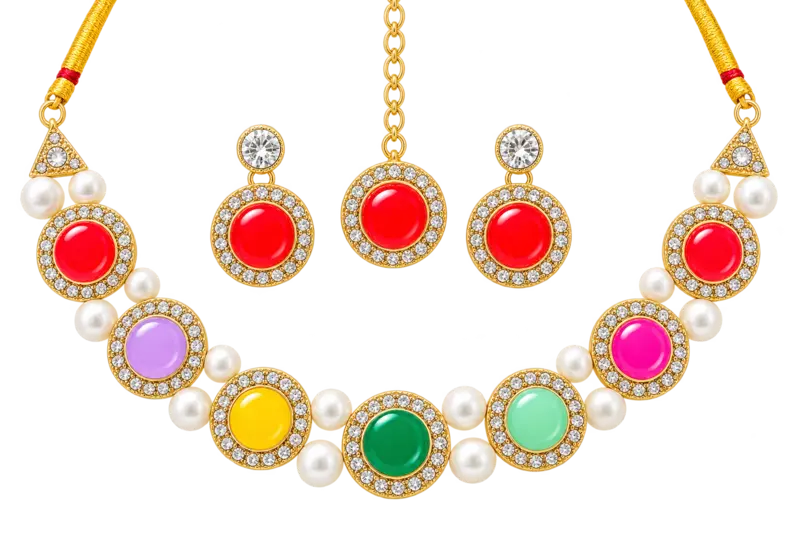 Multicolour Gemstone Necklace Set with Matching Earrings and Maang Tikka