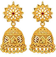 Gold-Tone Floral Jhumka Earrings with Red Centre Stone and Beaded Drops