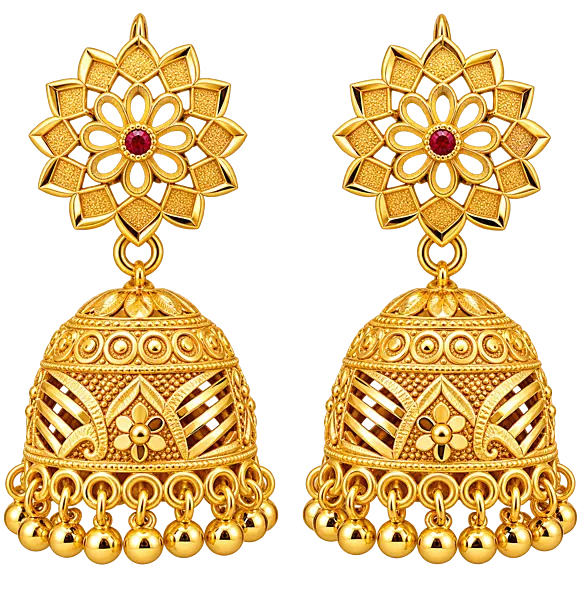 Gold-Tone Floral Jhumka Earrings with Red Centre Stone and Beaded Drops