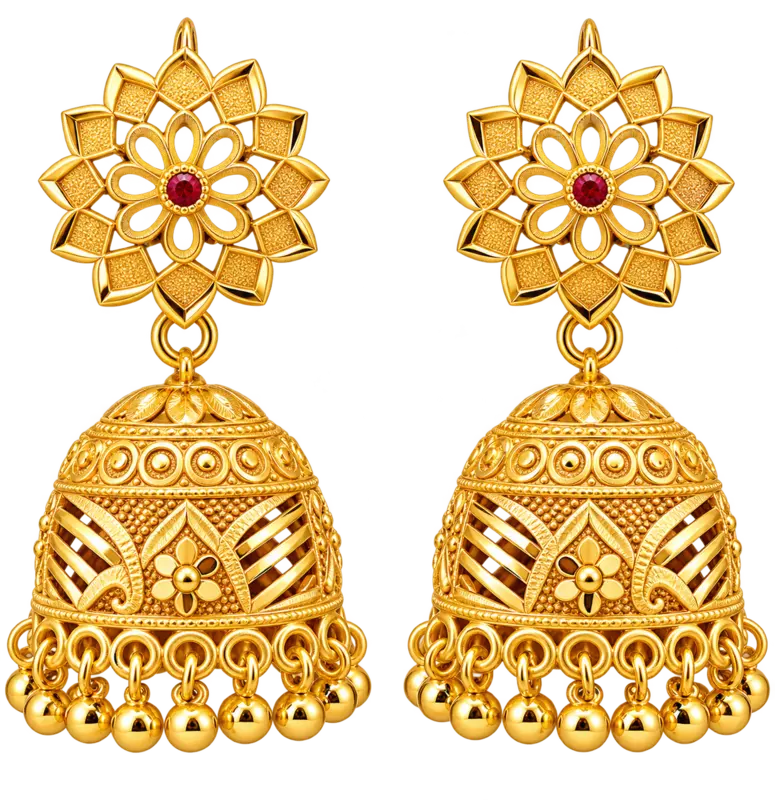 Gold-Tone Floral Jhumka Earrings with Red Centre Stone and Beaded Drops