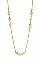 Gold-Tone Beaded Chain Necklace with Pastel Green and Pink Stones