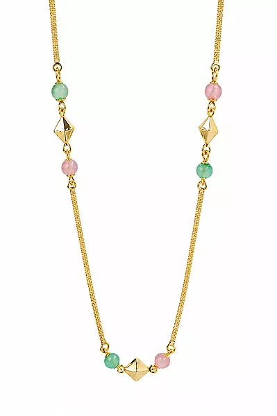 Gold-Tone Beaded Chain Necklace with Pastel Green and Pink Stones