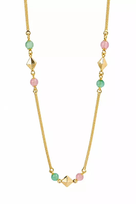 Gold-Tone Beaded Chain Necklace with Pastel Green and Pink Stones