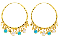 Gold-Tone Hoop Earrings with Turquoise and White Bead Drops