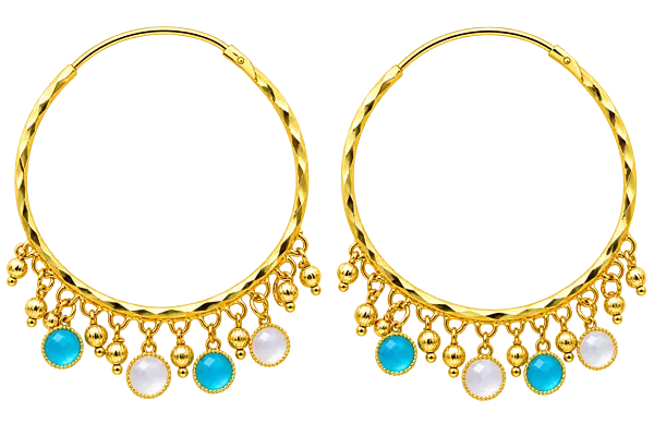 Gold-Tone Hoop Earrings with Turquoise and White Bead Drops