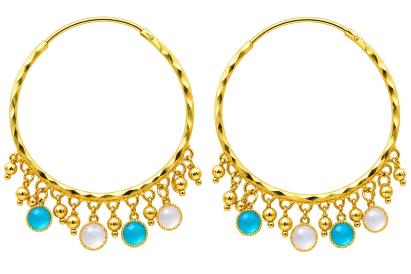 Gold-Tone Hoop Earrings with Turquoise and White Bead Drops