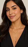 Gold-Tone Long Chain Necklace with Leaf Charms and Red Stone Pendant