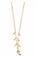 Gold-Tone Long Chain Necklace with Leaf Charms and Red Stone Pendant