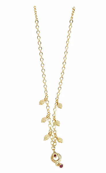 Gold-Tone Long Chain Necklace with Leaf Charms and Red Stone Pendant