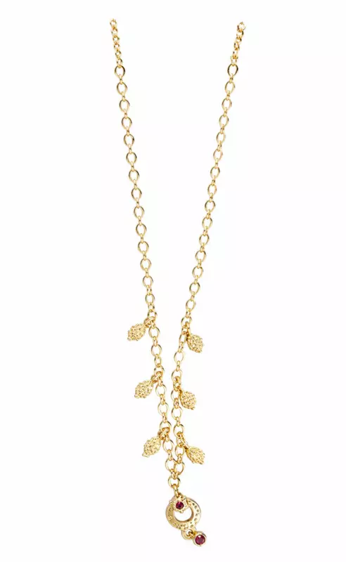 Gold-Tone Long Chain Necklace with Leaf Charms and Red Stone Pendant