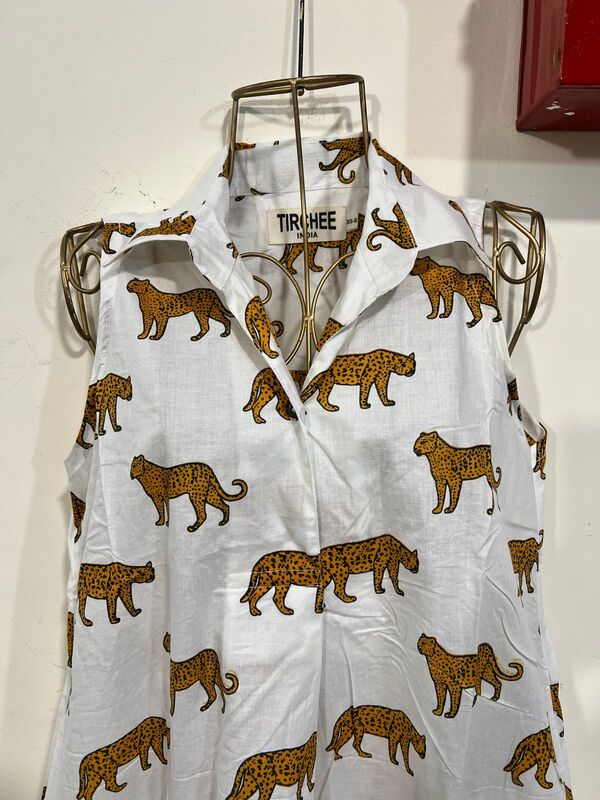 Kashish's Sleeve-less Shirt Dress - White & Cheetah